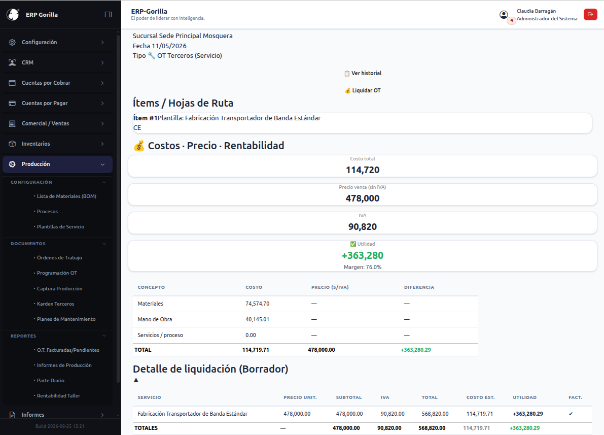 Orden de trabajo en ERP Gorilla con la hoja de ruta liquidada, el costeo de materiales y mano de obra, y la rentabilidad del servicio